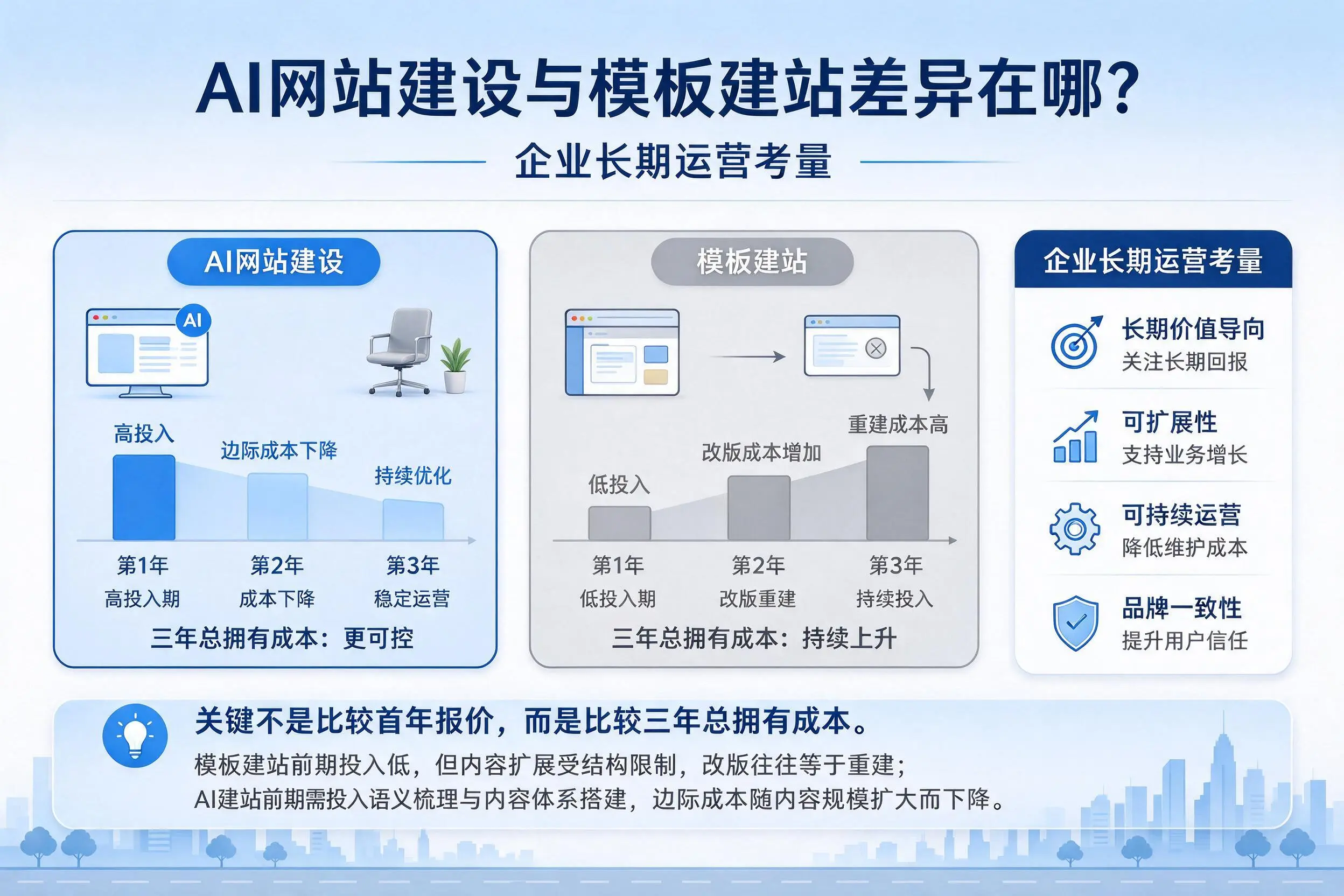 AI网站建设与模板建站差异在哪？盐城企业长期运营考量